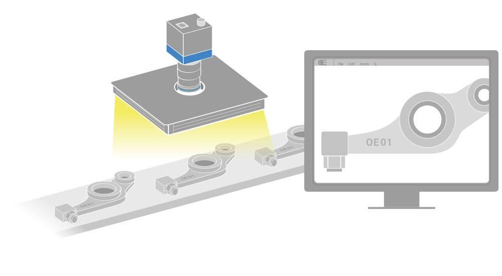 Application: OCR on a reflective metal component. Sample: Metal part.  LTPH series flat dome light homogeneously illuminates the inspected workpiece to image the engraved text.